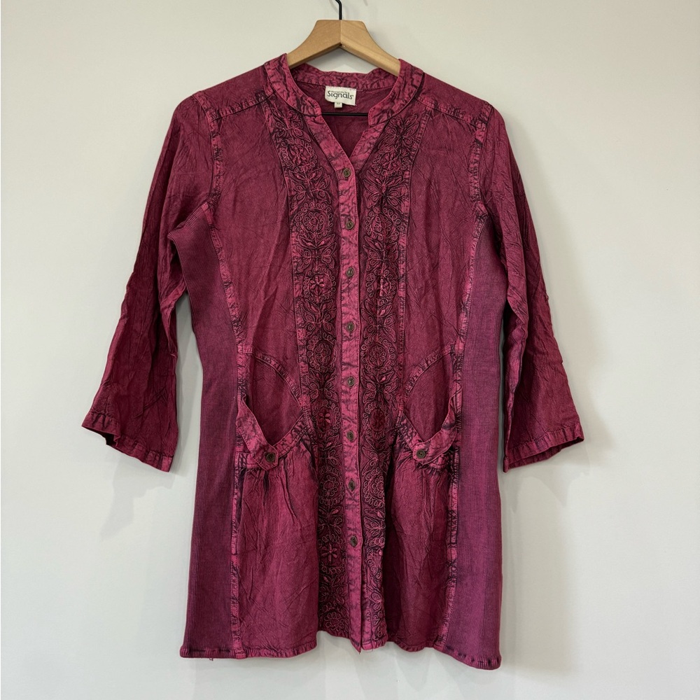 Signals boho embroidered floral rolled up sleeve front pocket tunic top medium